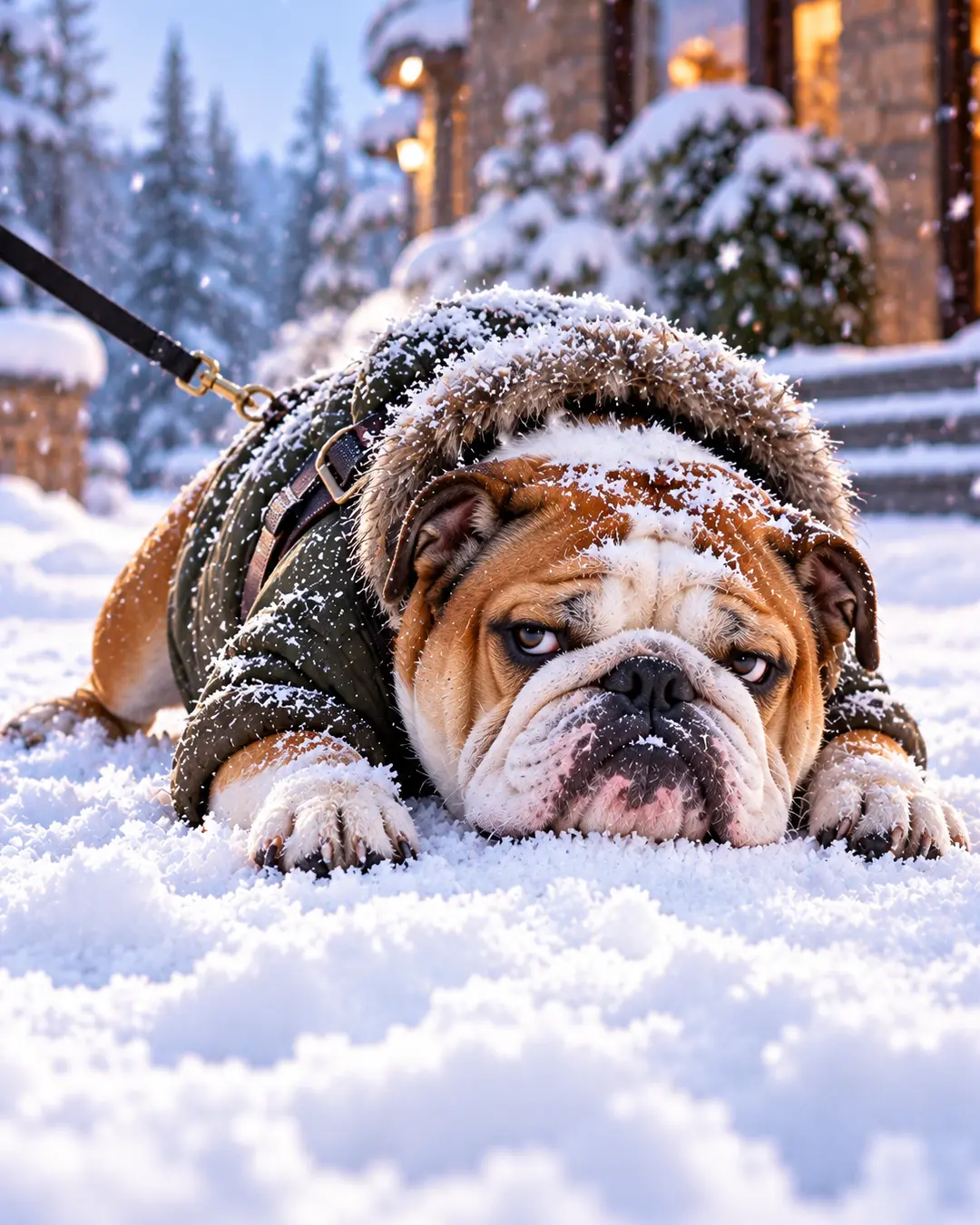 An English Bulldog in a fur-lined winter coat lies flat in the snow, looking thoroughly miserable as snowflakes settle on his grumpy face.