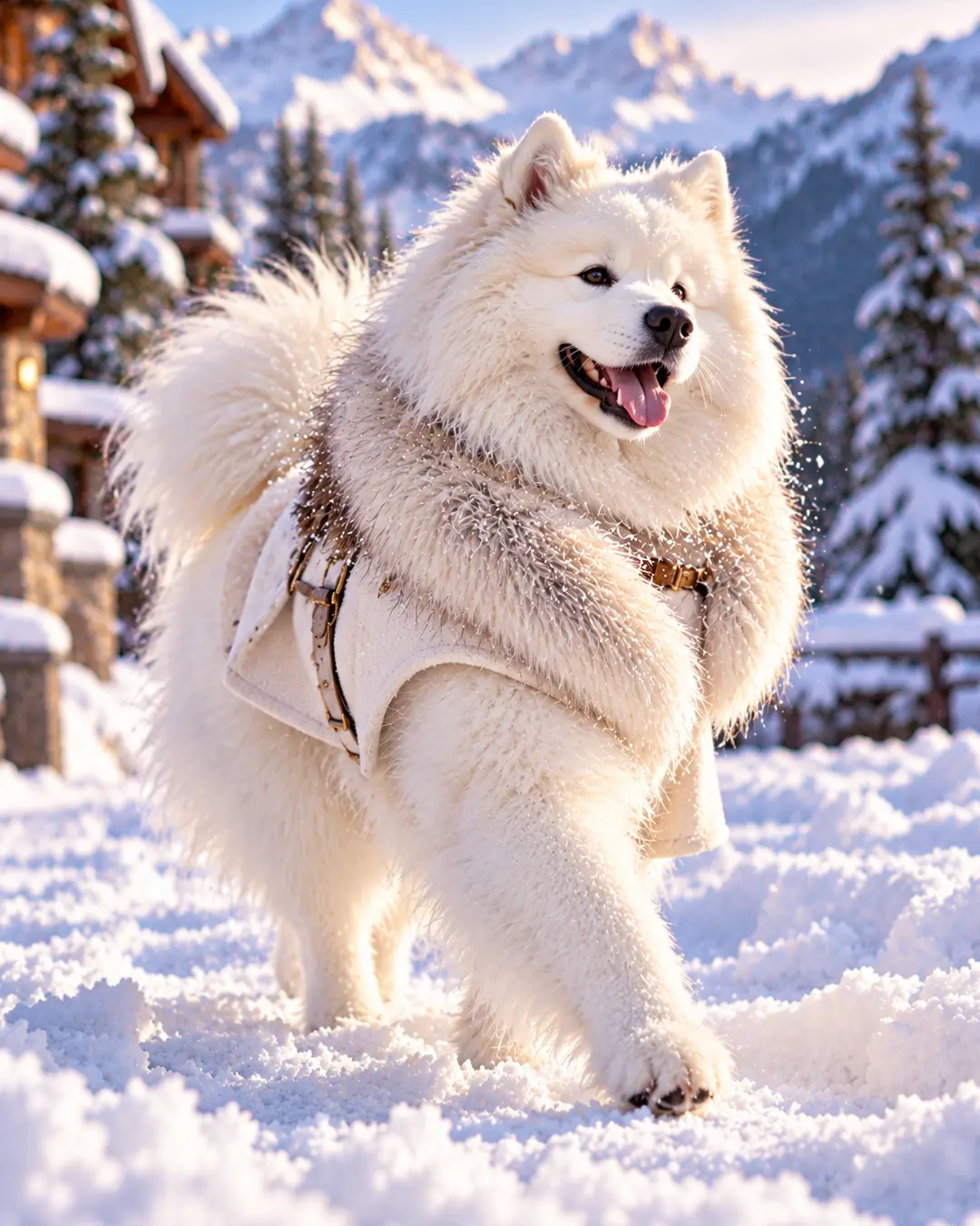 A fluffy white Samoyed bounds happily through fresh snow in a stylish winter coat, with snow-covered mountains and a cozy alpine chalet behind.