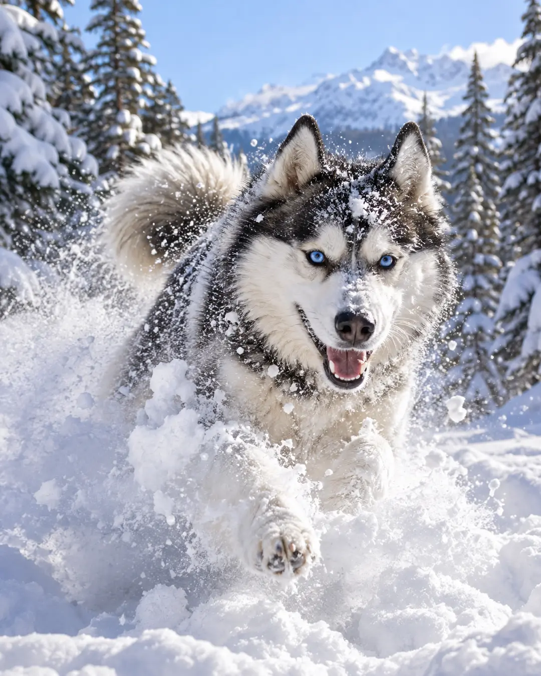 A blue-eyed Siberian Husky bounds through deep powdery snow, sending snow flying against a stunning backdrop of snowy mountains and pine trees.