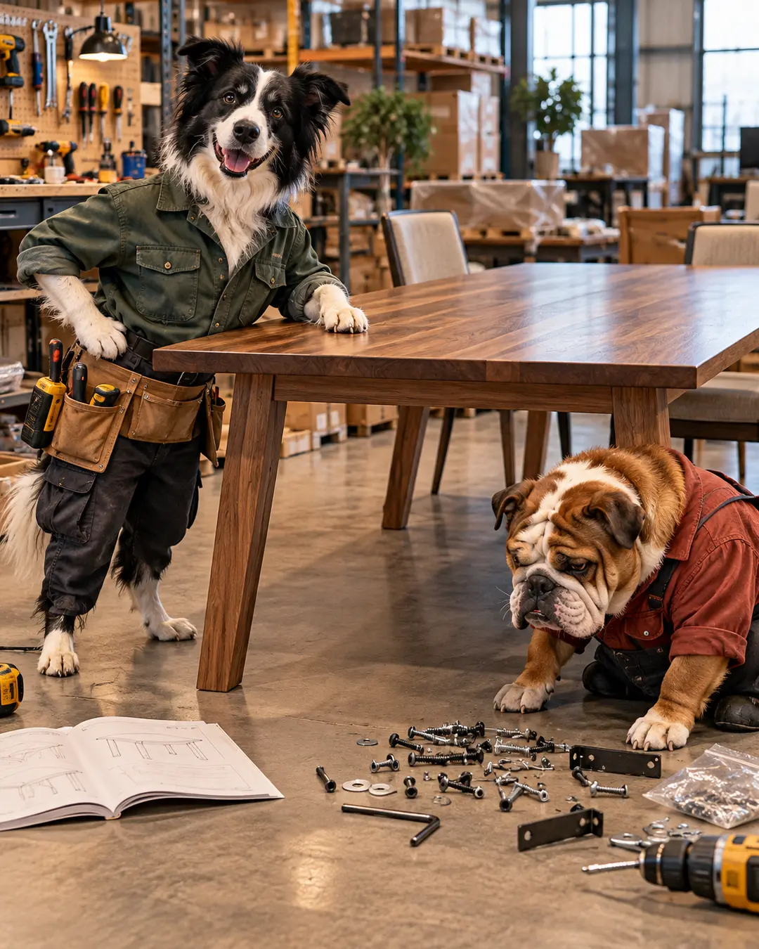A cheerful Border Collie furniture assembler admires a finished dining table while an exhausted Bulldog struggles with leftover hardware.