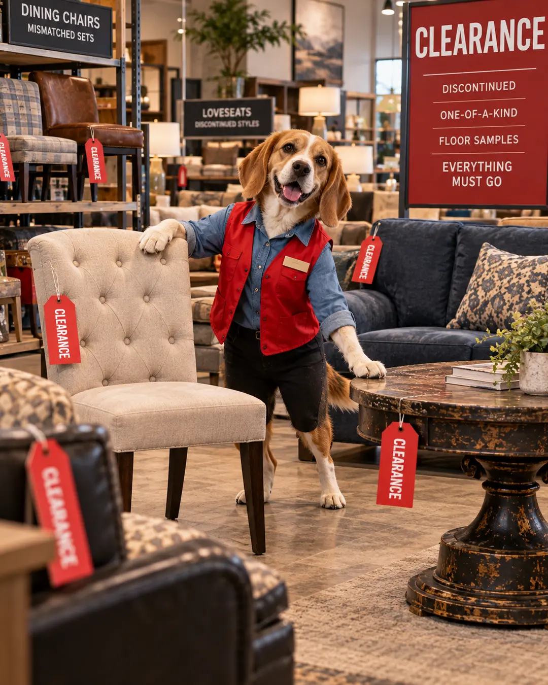 A cheerful Beagle clearance salesperson shows off discounted furniture surrounded by red sale tags and mismatched showroom pieces.