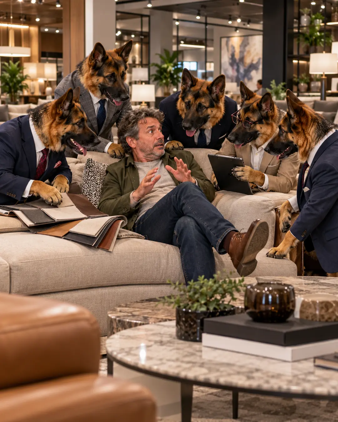 Five German Shepherd furniture salesmen surround a nervous customer on a showroom sofa, determined to close the sale.