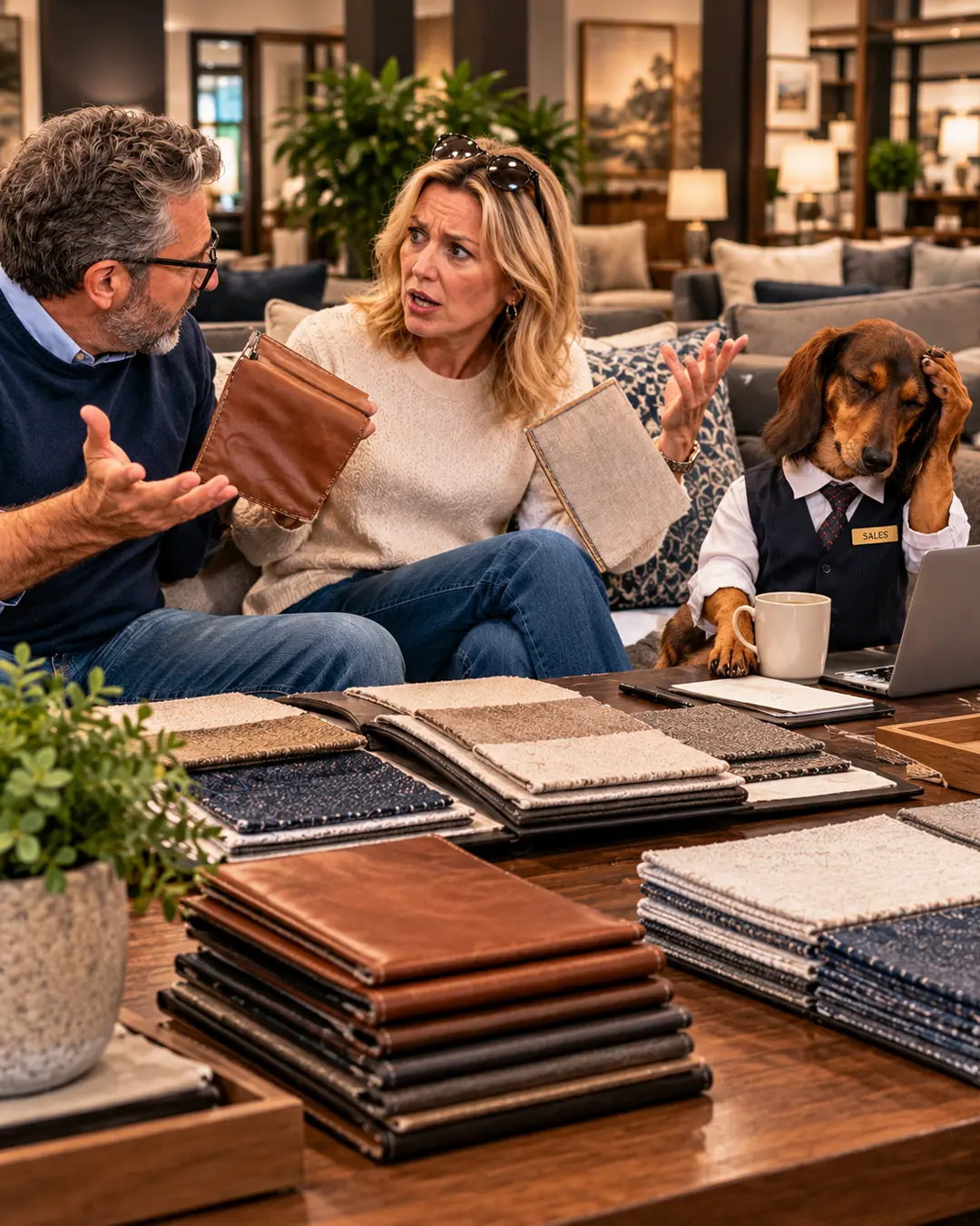A frustrated couple argues over leather versus fabric while their exhausted Dachshund salesperson holds his head in despair.
