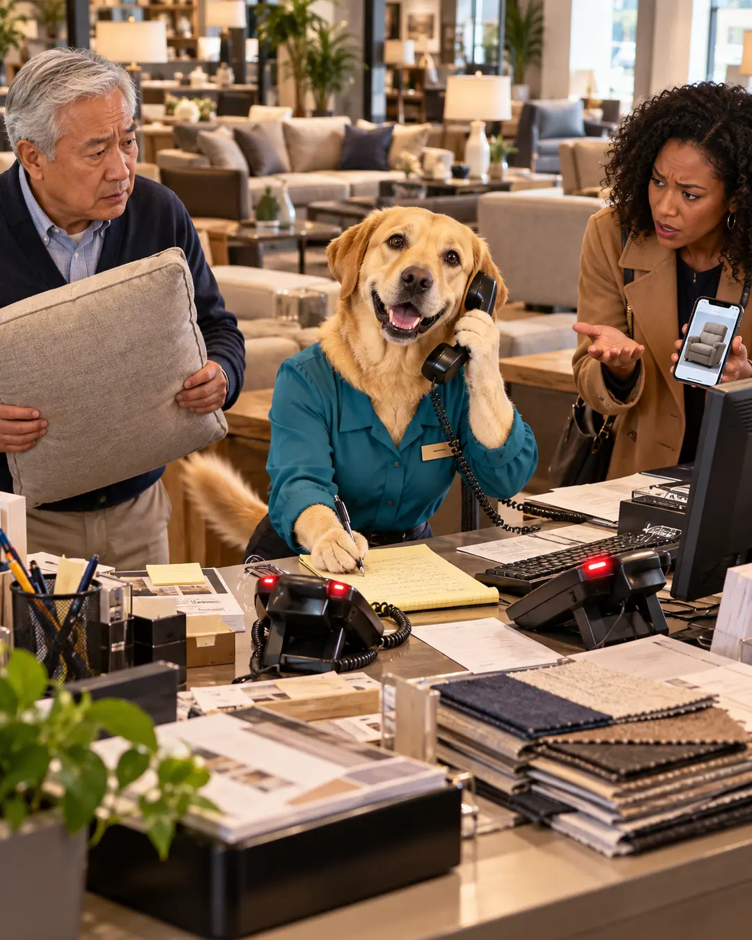 A cheerful Golden Retriever handles customer service calls while two frustrated shoppers wait for answers at a busy furniture store counter.