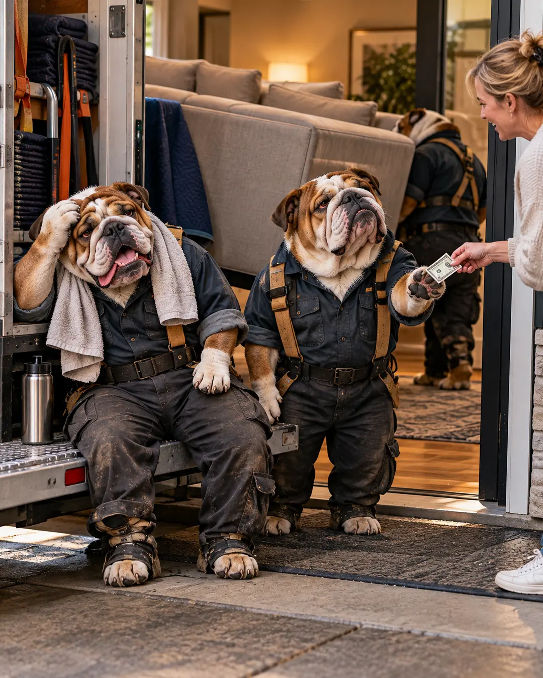 Two exhausted Bulldog delivery workers finish unloading a sectional as a smiling customer offers a tip outside her home.