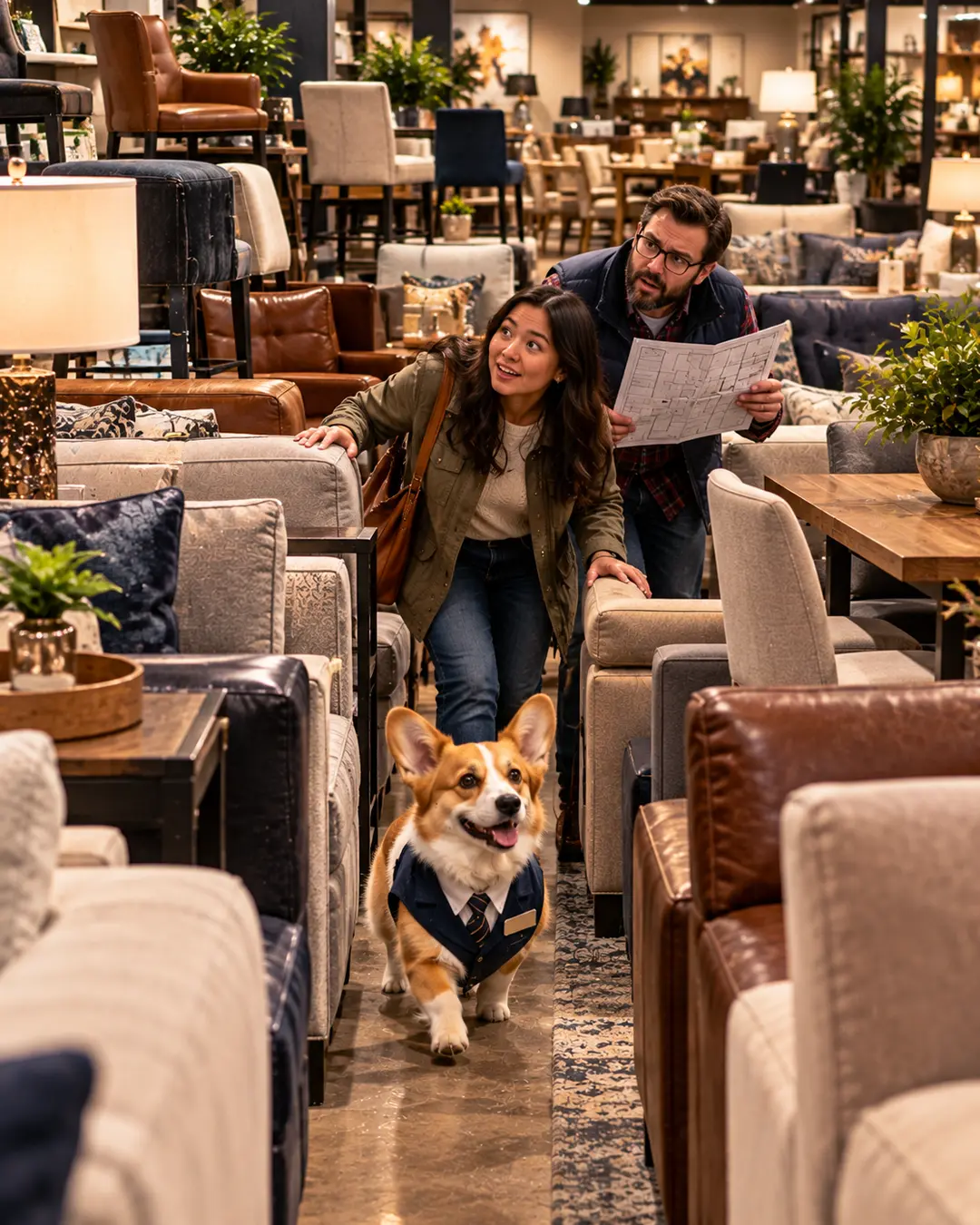 A cheerful Corgi salesperson leads a couple through a crowded furniture showroom as they search for the perfect sofa.