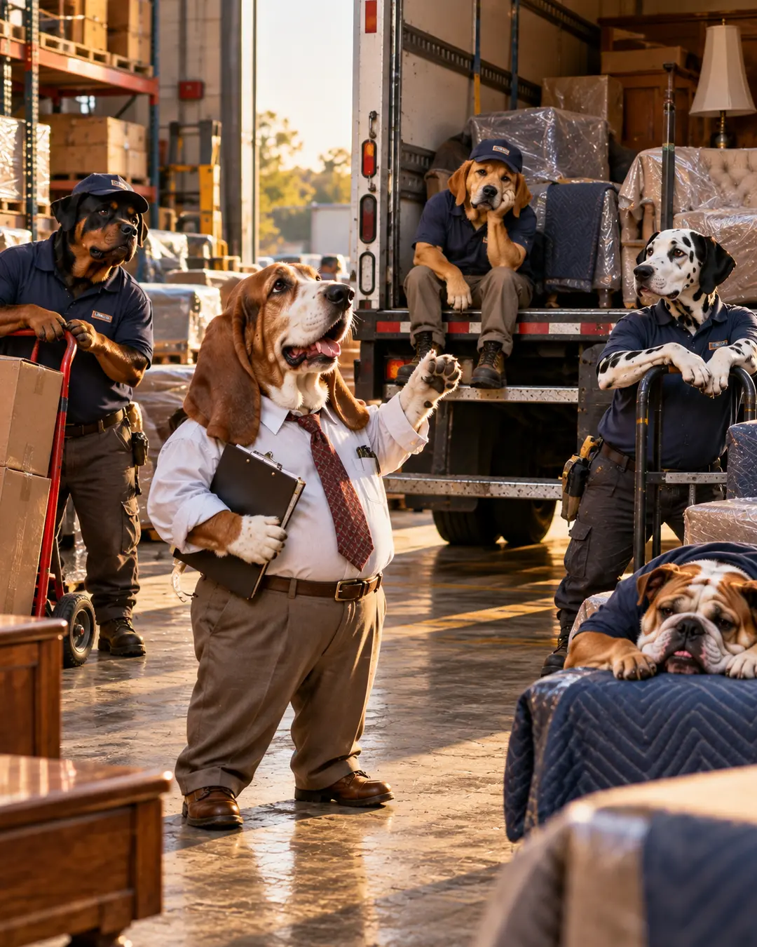 A Basset Hound warehouse manager directs his exhausted delivery crew as they struggle through another busy day of furniture deliveries.