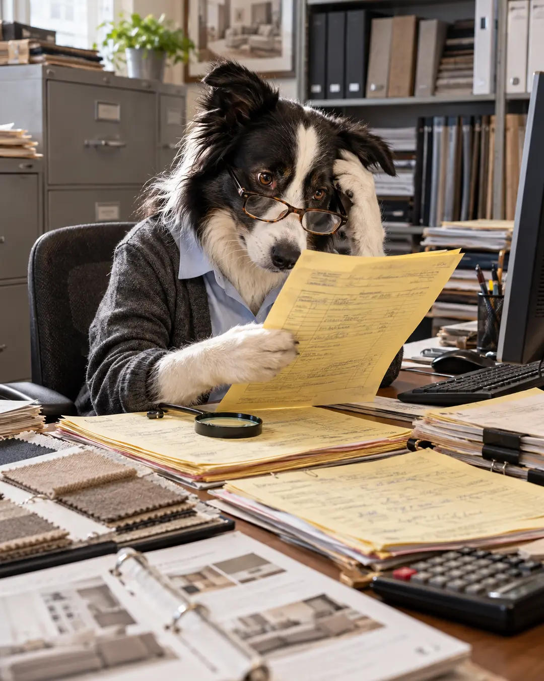 A stressed Border Collie bookkeeper reviews a mountain of paperwork, struggling to make sense of the furniture store's accounts.
