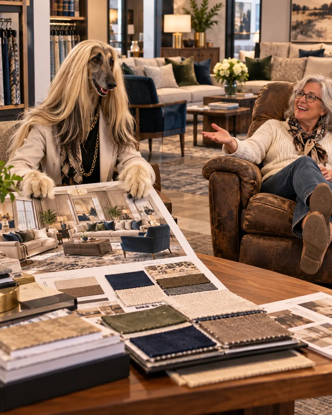 An Afghan Hound interior designer presents an elegant room design and fabric samples to an amused customer in a furniture showroom.