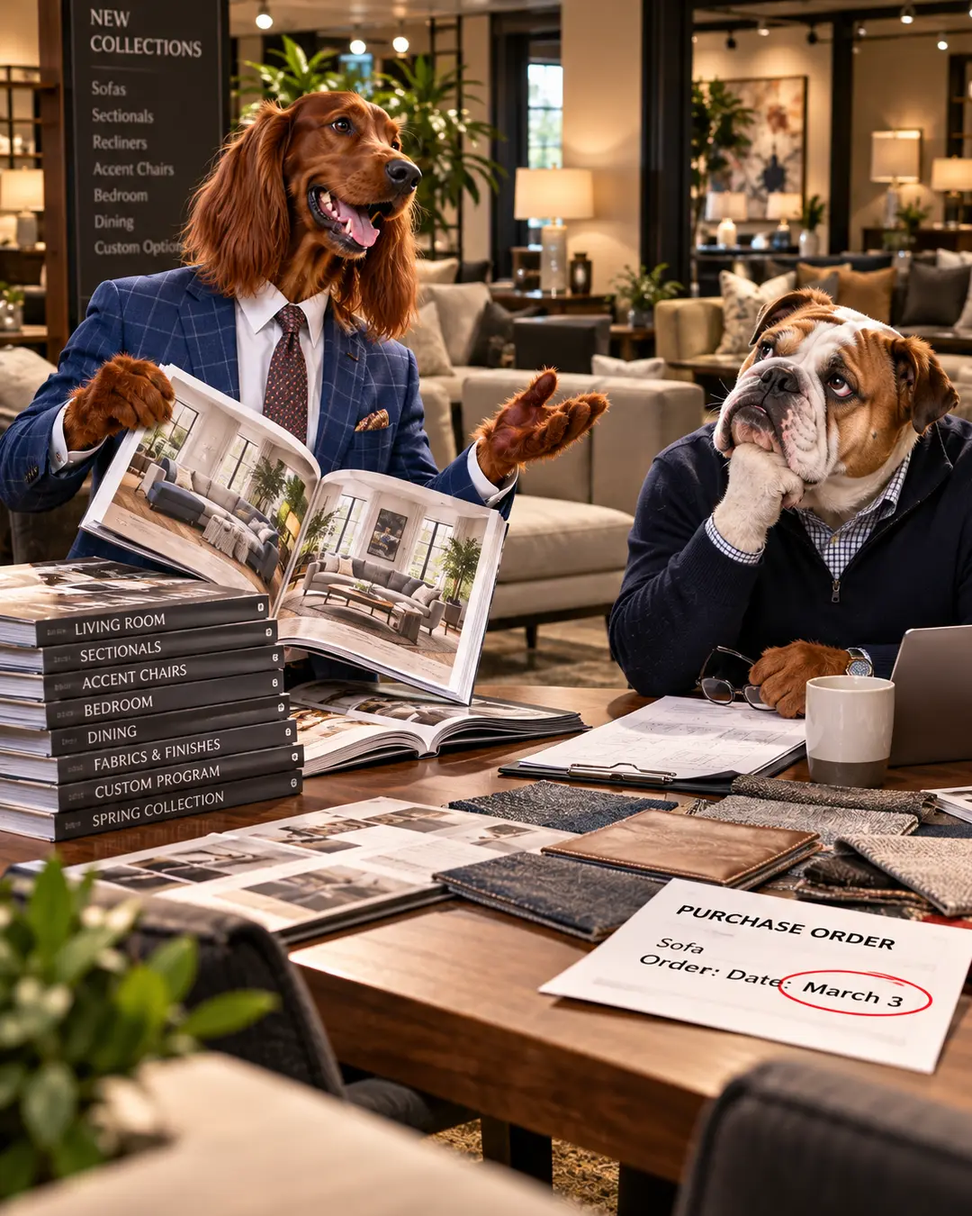An enthusiastic Irish Setter manufacturer’s rep presents new furniture collections while an unimpressed Bulldog owner waits for his overdue sofa.