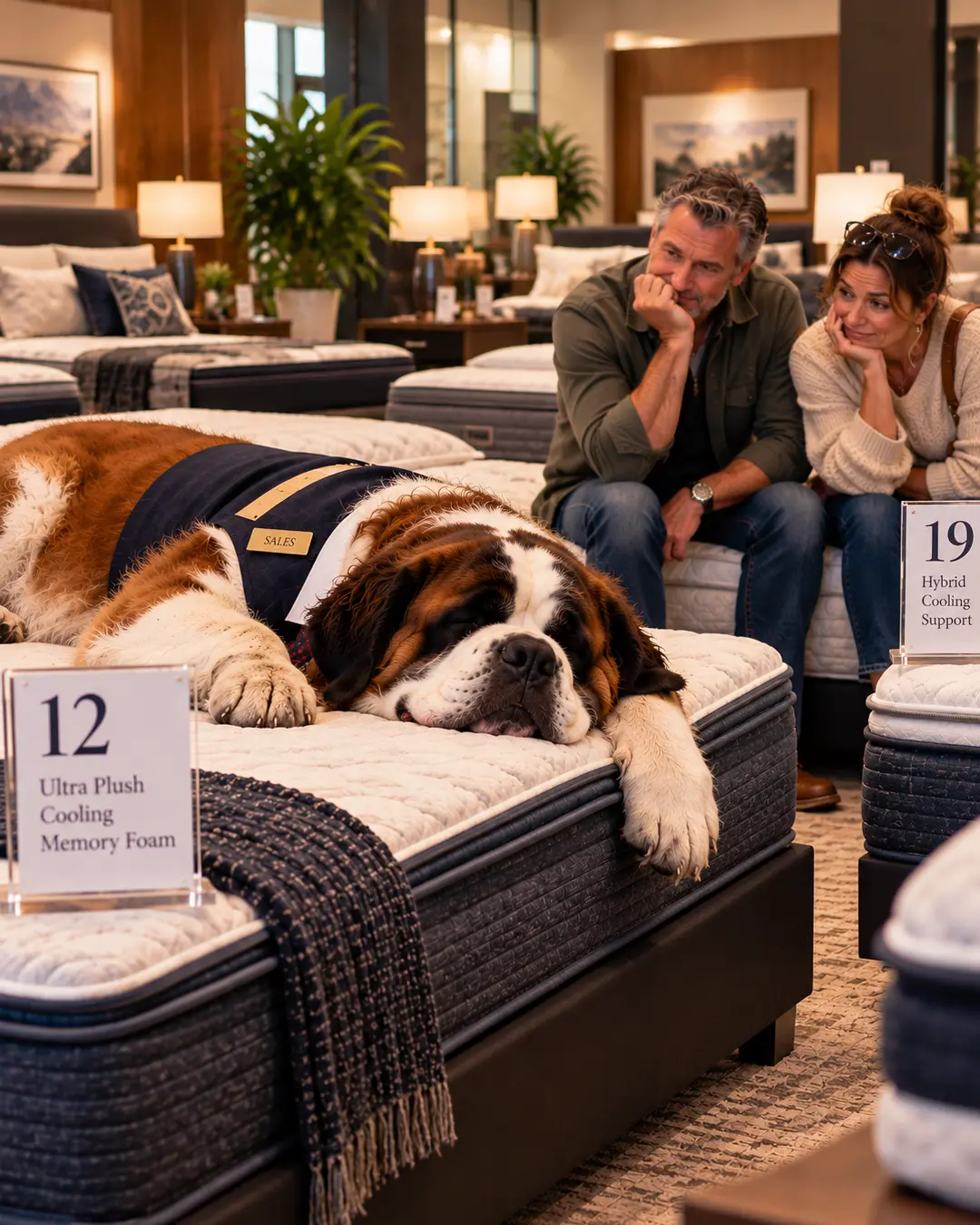A sleepy Saint Bernard salesman sprawls across a showroom mattress while an amused couple watches his convincing comfort demonstration.