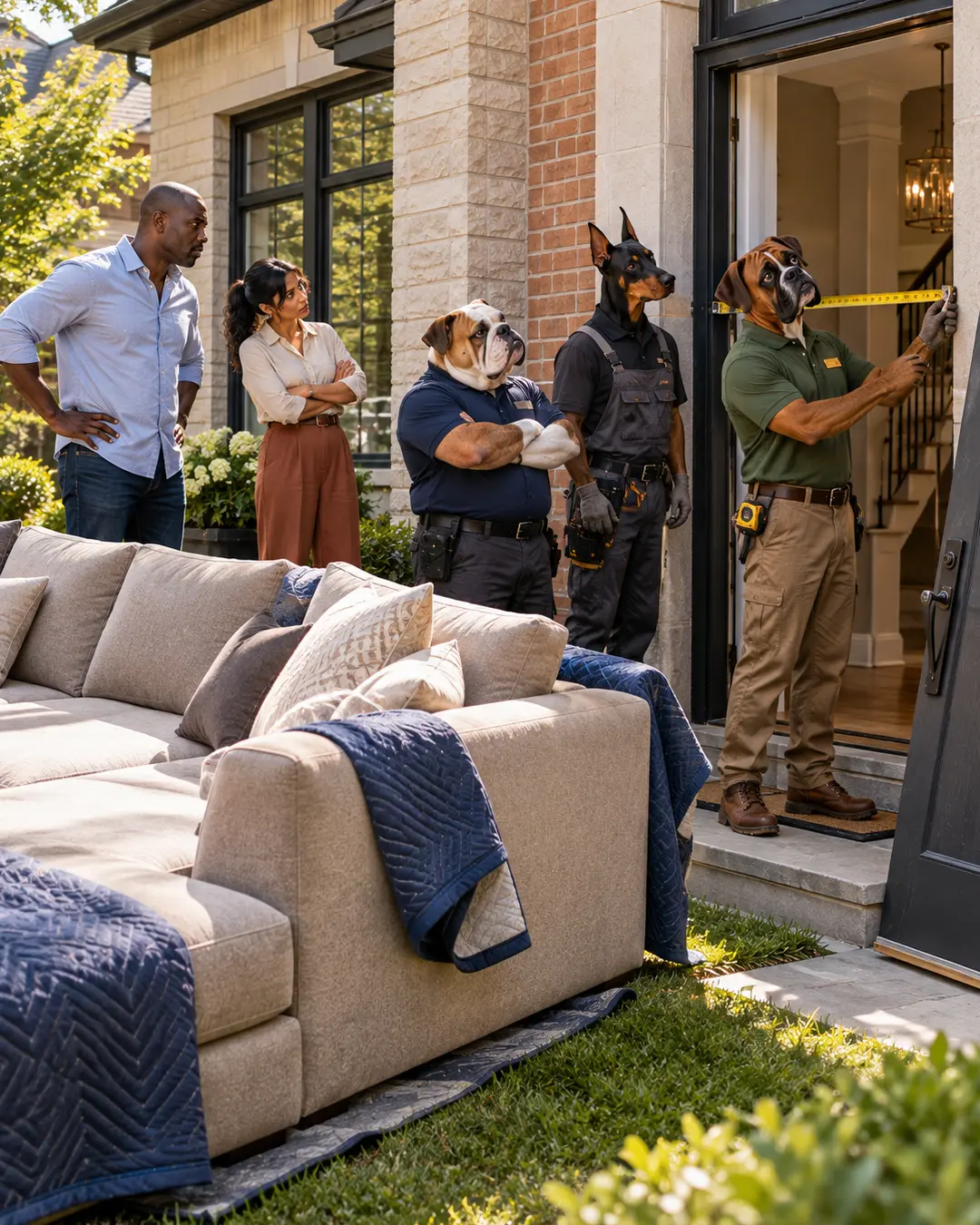 A Bulldog delivery crew measures a customer's doorway while a massive sectional waits outside, leaving everyone wondering if it will fit.