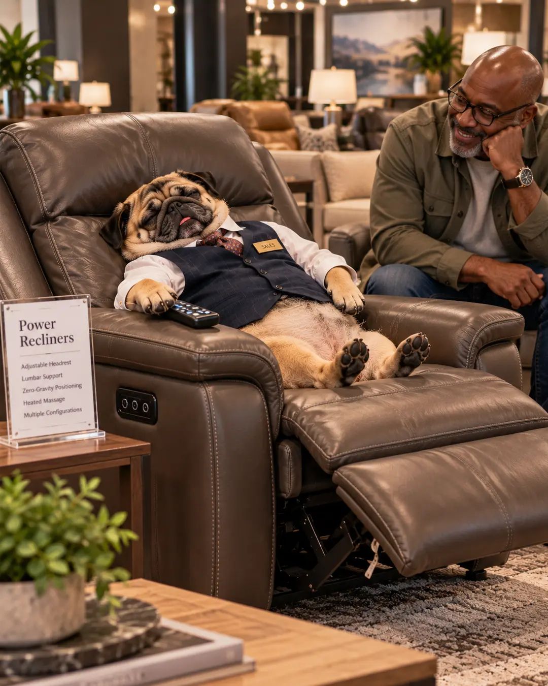 A sleepy Pug salesman demonstrates a leather power recliner while a smiling customer watches in a stylish furniture showroom.