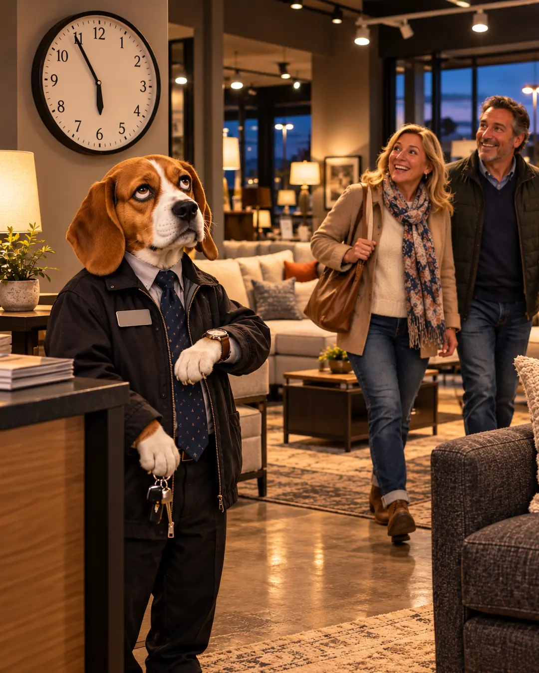 A Beagle salesman checks his watch as a cheerful couple enters the furniture showroom just minutes before closing time.