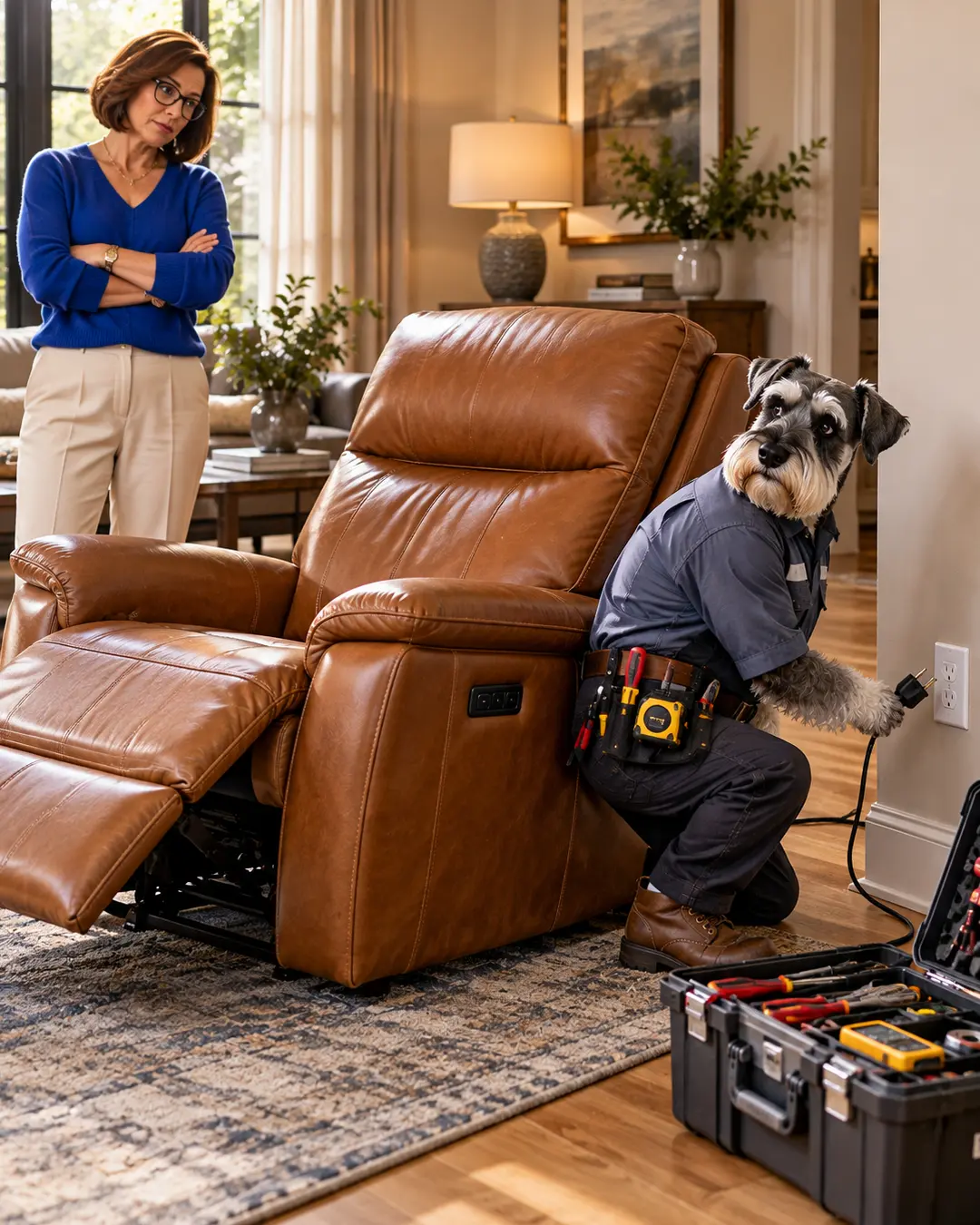 A Schnauzer technician plugs in a leather power recliner while a skeptical customer watches the installation in her living room.