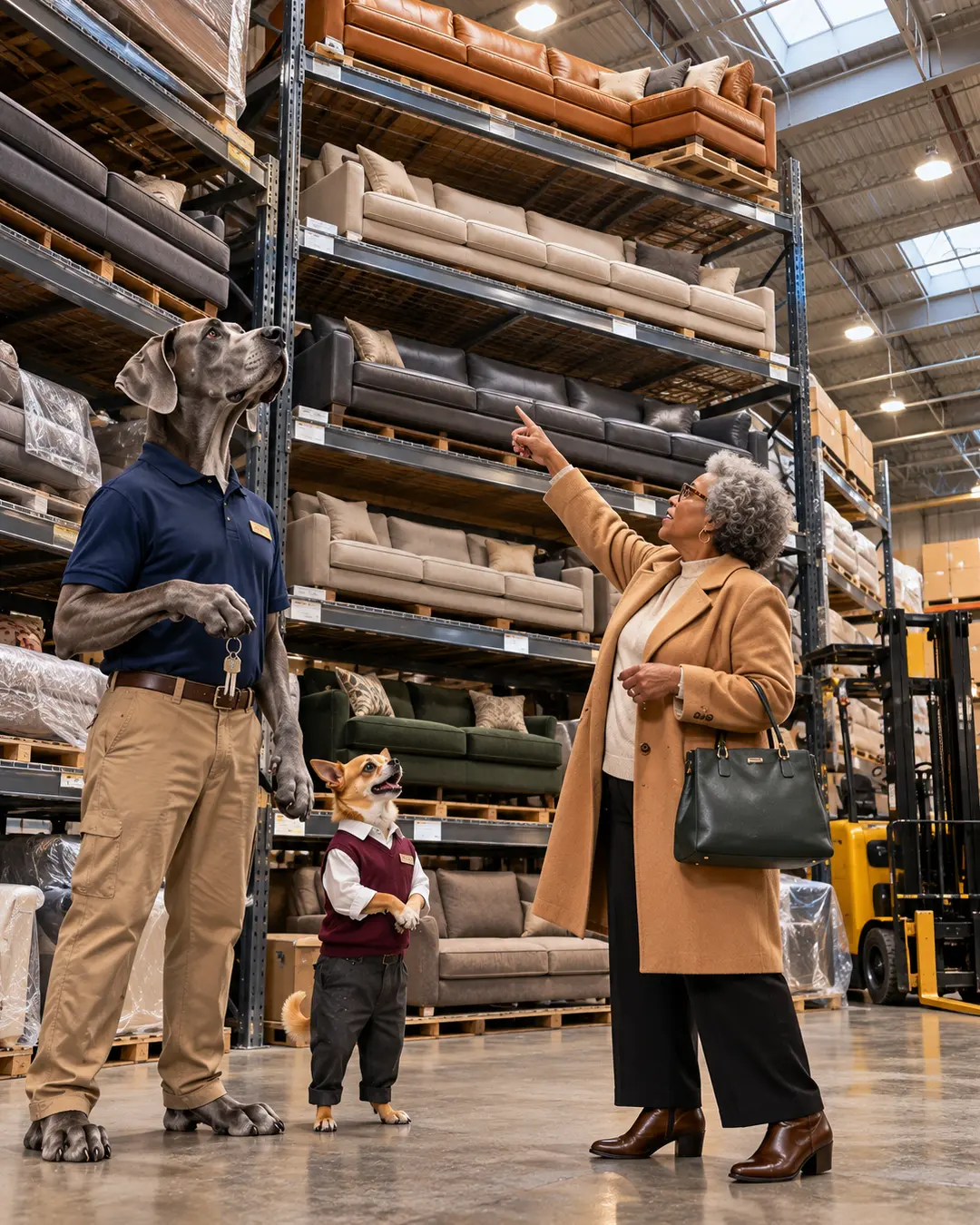 A Great Dane warehouse worker and Corgi assistant help a customer locate her sofa among towering shelves of furniture.