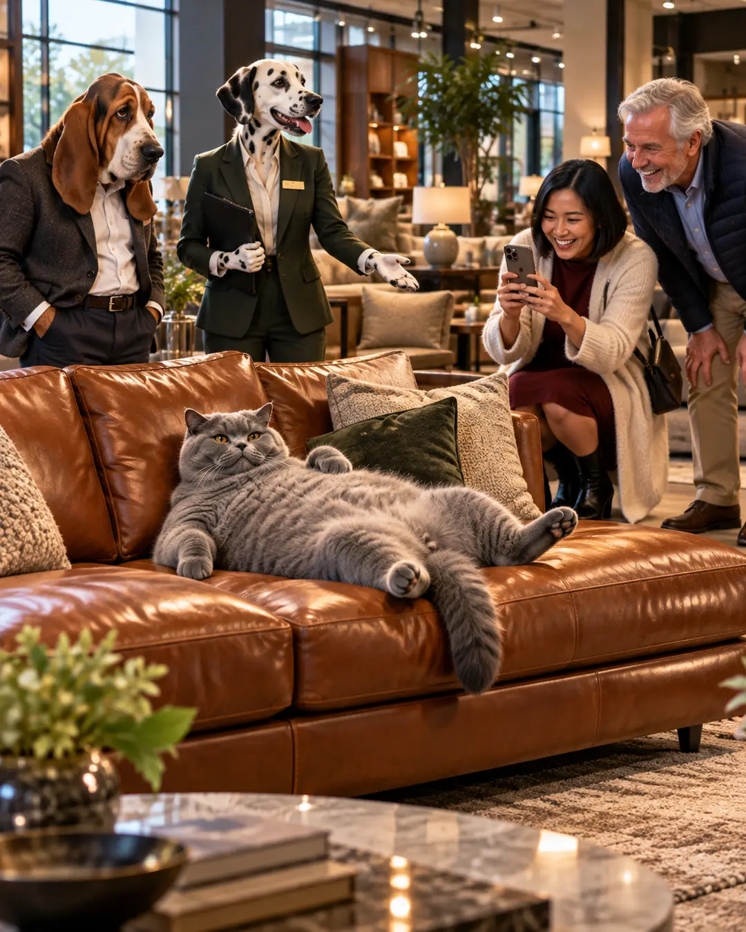 A relaxed grey cat lounges across a leather sofa while a Dalmatian salesperson and delighted customers admire the unexpected showroom star.
