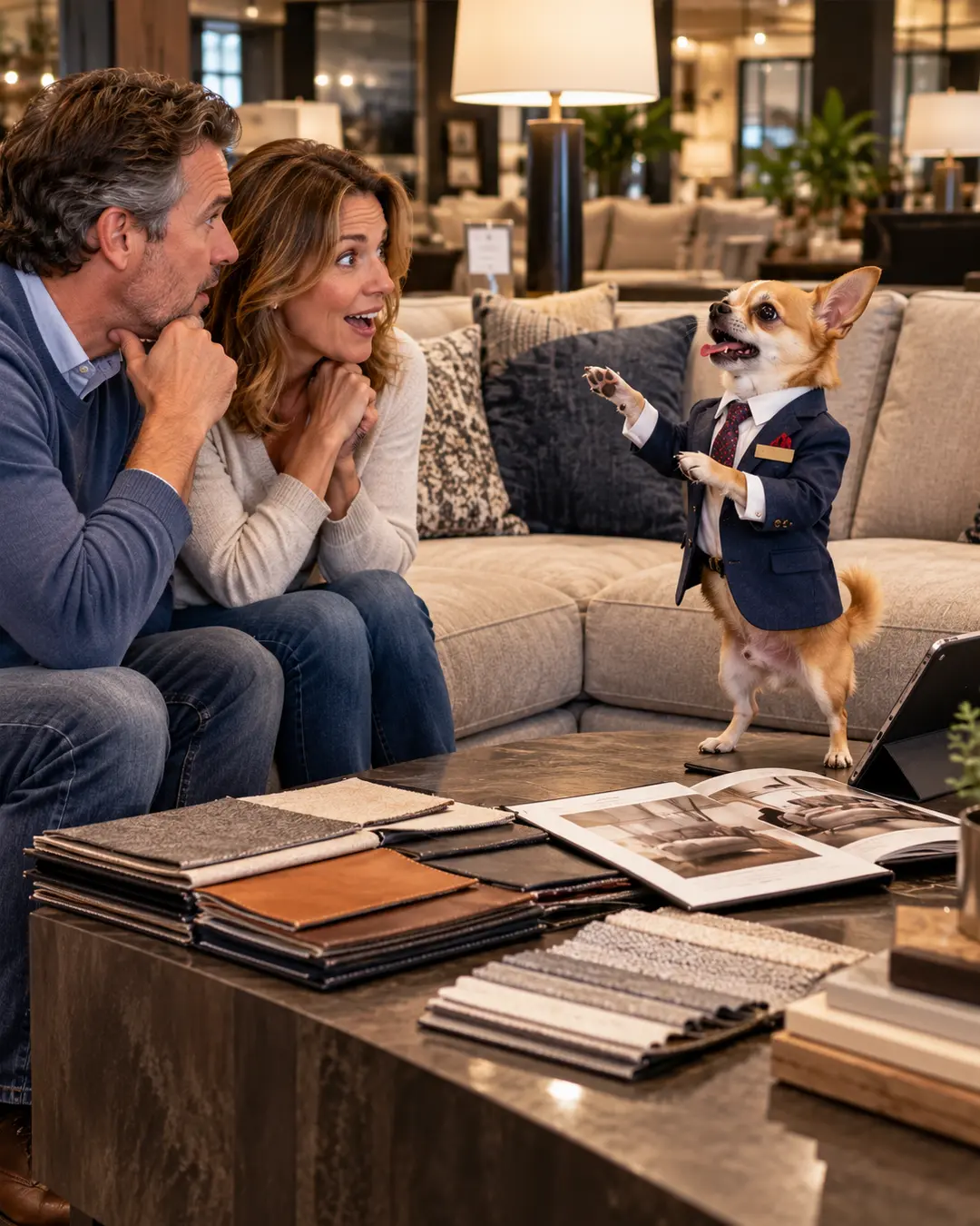 A fast-talking Chihuahua in a business suit pitches a luxury sectional to an amazed couple in an upscale furniture showroom.