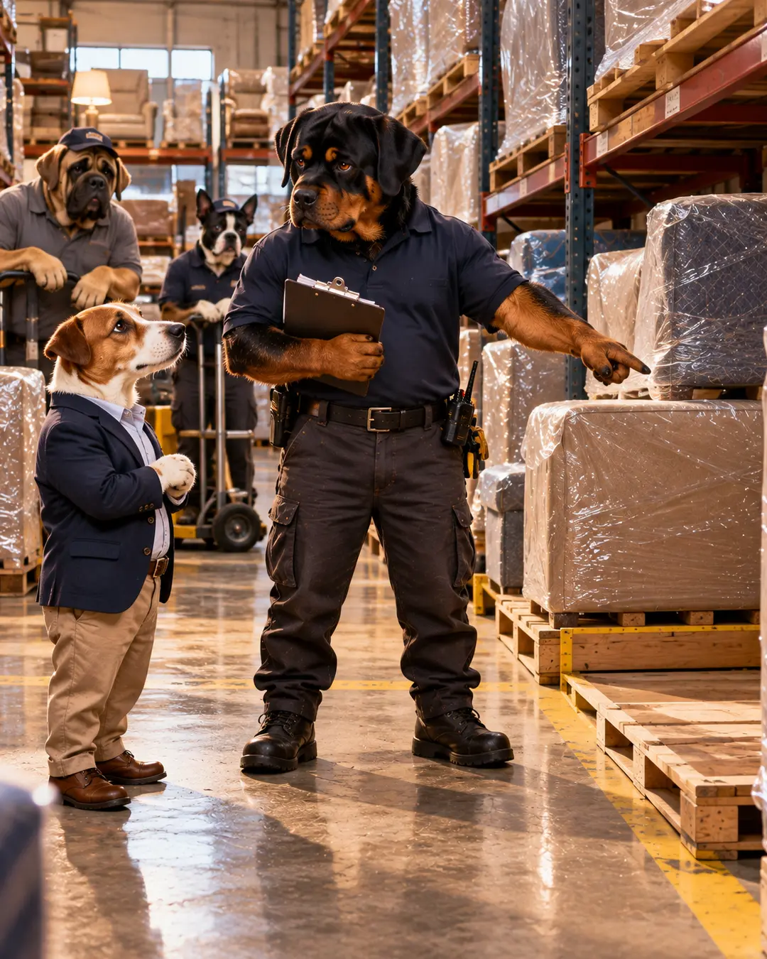 A Rottweiler warehouse supervisor directs a smaller dog toward stacked furniture while the delivery crew watches from the aisles.