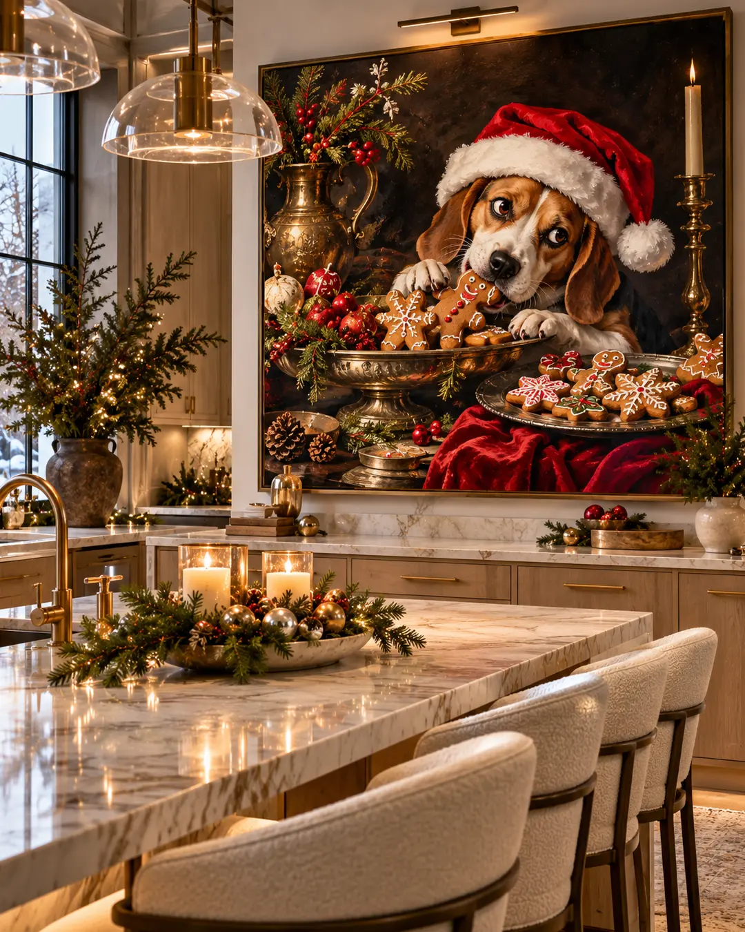 A charming painting of a Beagle in a Santa hat stealing Christmas cookies adorns a luxurious holiday kitchen with marble countertops and festive greenery.