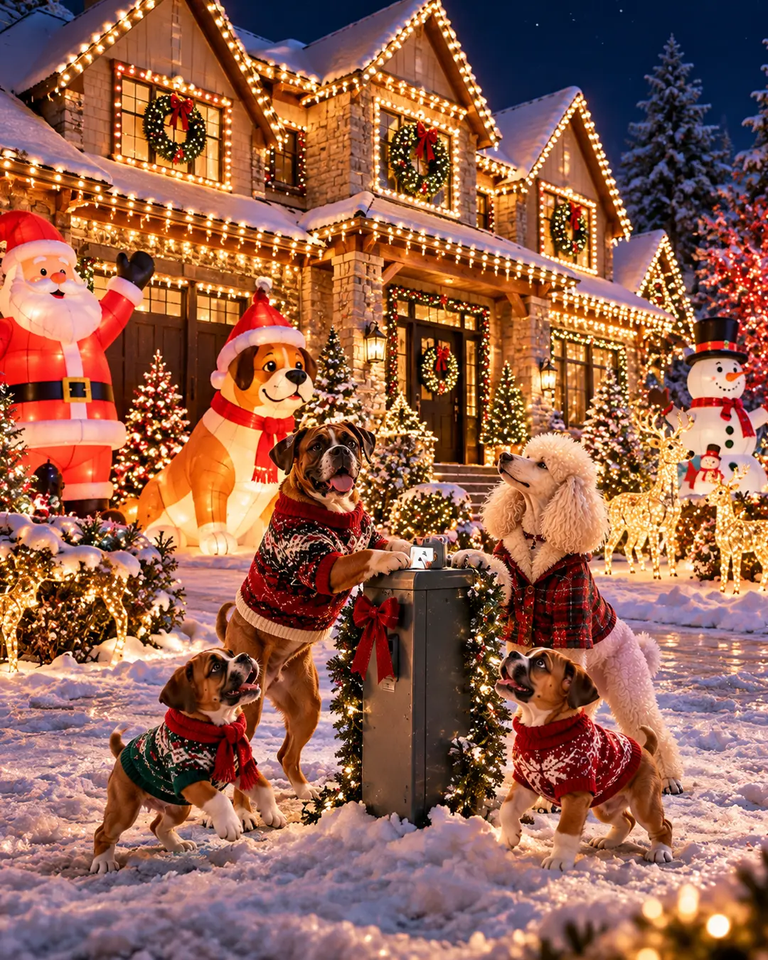A family of dogs celebrates their dazzling Christmas light display outside a snow-covered home filled with glowing decorations and festive cheer.