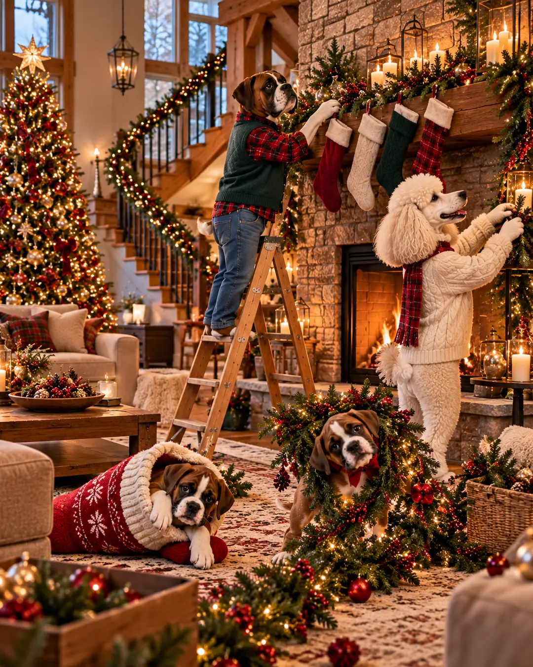 A festive dog family decorates their stone fireplace with garlands and stockings, while two playful puppies get tangled in Christmas decorations.