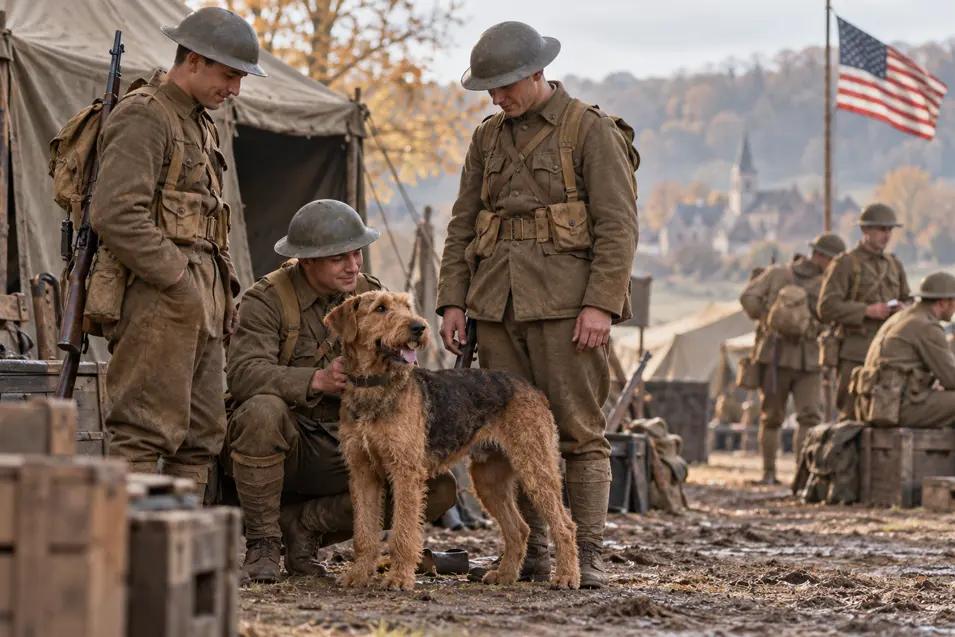American WWI soldiers share a quiet moment with an Airedale Terrier at a military camp in France, with the U.S. flag flying behind them. Is this conversation helpful so far?