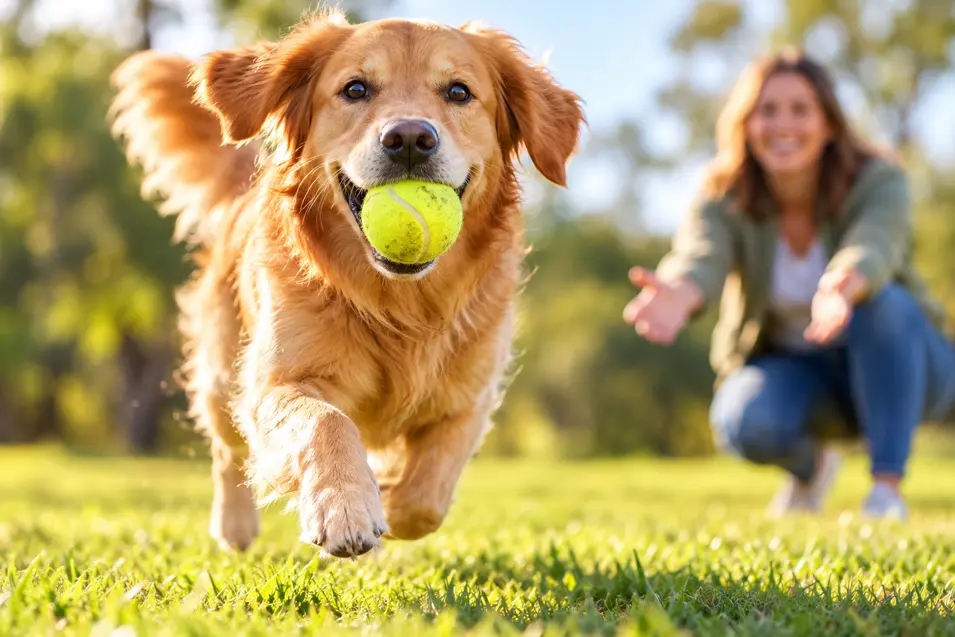 A Golden Retriever runs across a sunny lawn with a tennis ball in its mouth, returning to its owner during a fun game of fetch.