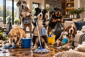 Five exhausted dogs tackle a disastrous living room, armed with mops, buckets, garbage bags and cleaning supplies, surrounded by mud, debris and shredded cushions.