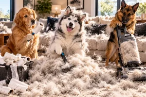 A Golden Retriever, Husky and German Shepherd tackle a mountain of shed fur with lint rollers and vacuums in a hilariously chaotic living room.