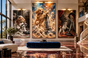 A grand contemporary gallery features polished marble floors, a blue velvet bench and three oversized paintings of dogs confronting vacuum cleaners.