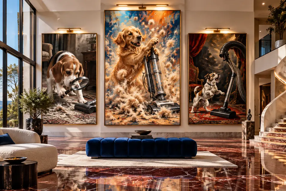 A grand contemporary gallery features polished marble floors, a blue velvet bench and three oversized paintings of dogs confronting vacuum cleaners.