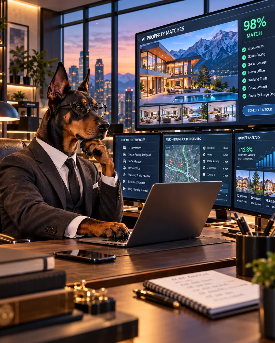 A Doberman realtor in a tailored suit uses AI-powered screens to match buyers with luxury homes, analyzing property preferences, neighbourhoods and market trends.