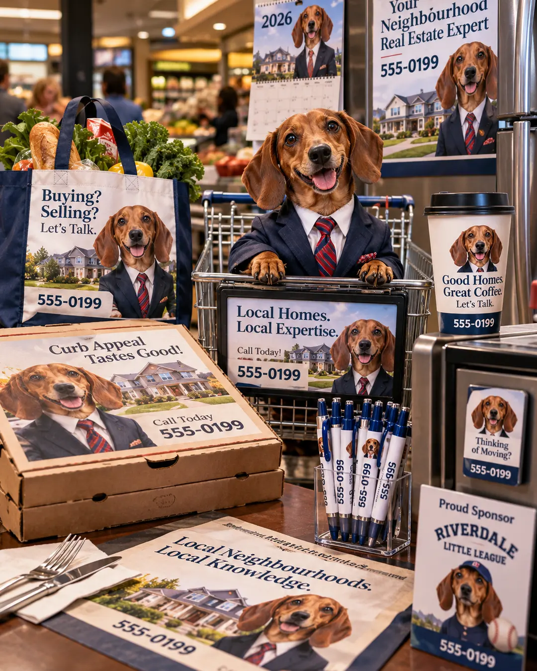 A smiling Dachshund in a suit sits in a shopping cart surrounded by real estate ads on coffee cups, grocery bags, pizza boxes, calendars and pens. Do you like this personality?