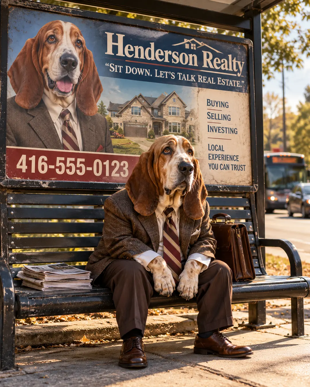 A Basset Hound in a brown suit sits at a bus stop beneath his Henderson Realty advertisement, with a leather briefcase and newspapers beside him.