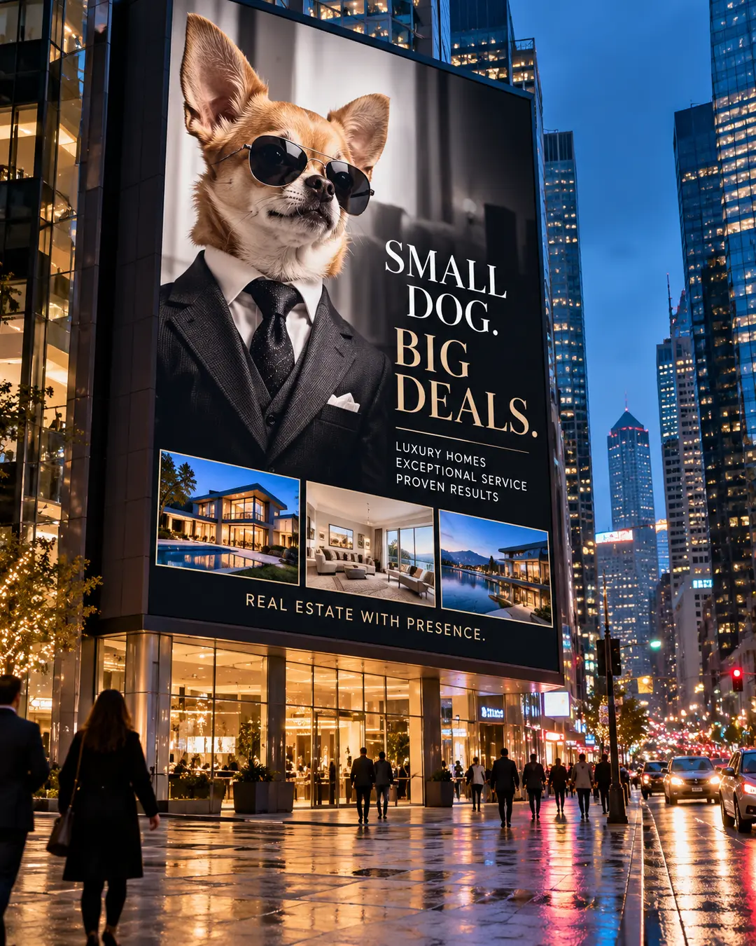 A giant luxury real estate billboard features a Chihuahua in a tailored suit and sunglasses, towering above a busy city street at dusk.