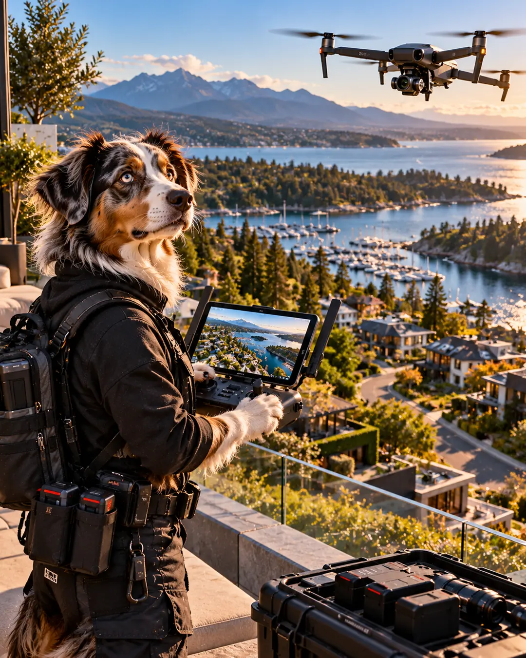 An Australian Shepherd operates a drone above a luxury waterfront neighbourhood, capturing aerial real estate photography with mountains and a marina beyond.