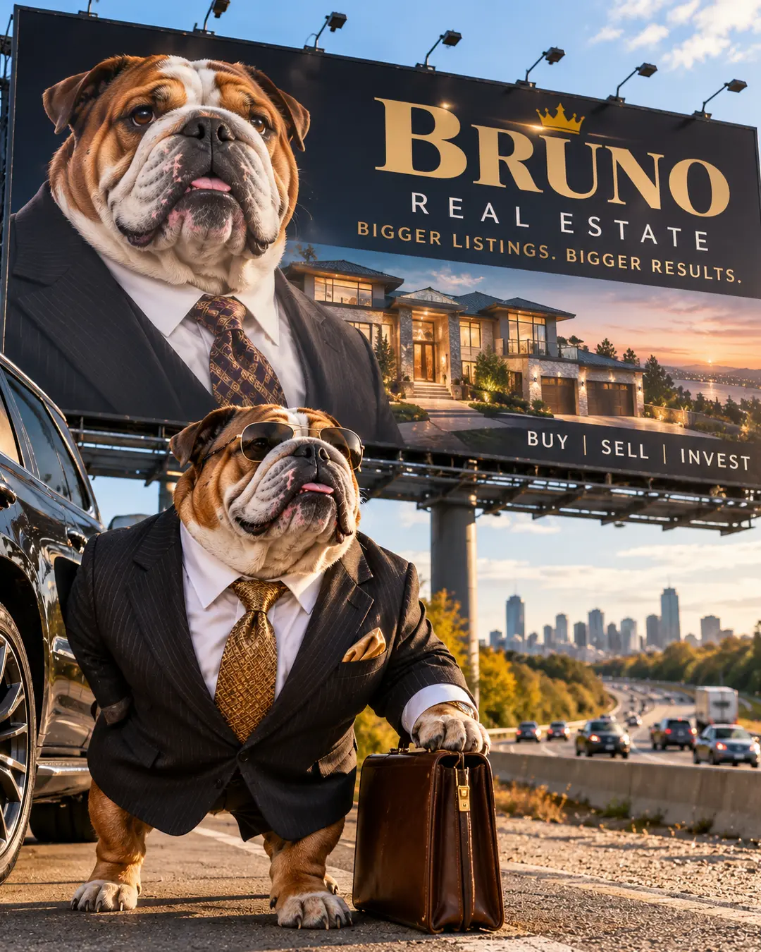 An English Bulldog in a pinstripe suit and sunglasses stands beneath his Bruno Real Estate billboard, holding a leather briefcase beside a highway.