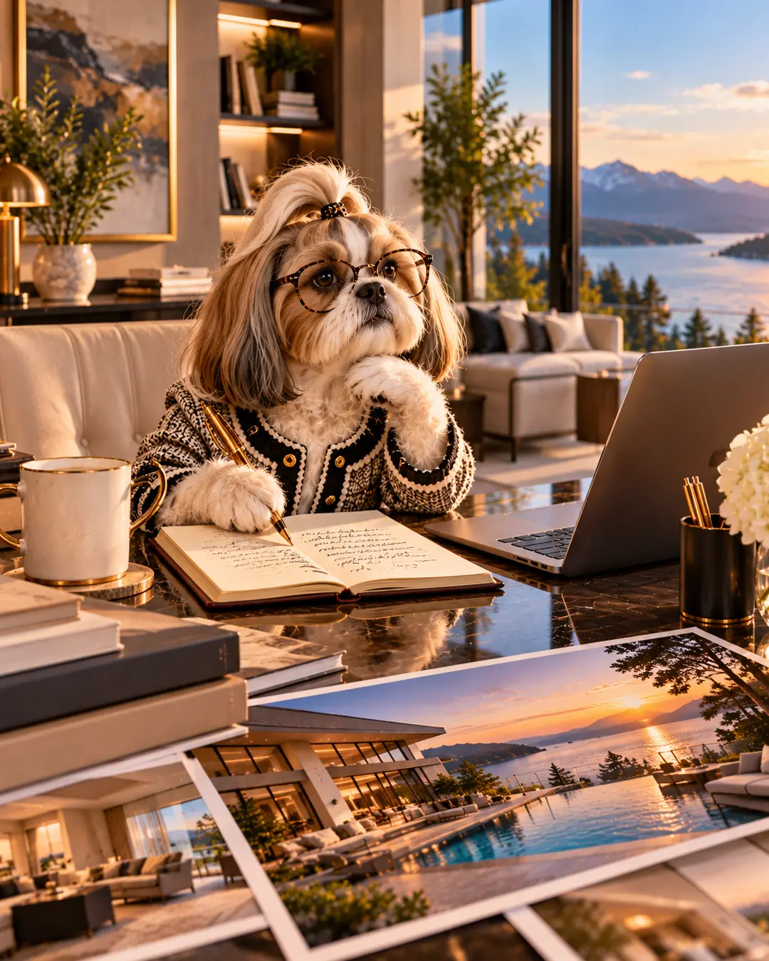 A stylish Shih Tzu in glasses and a designer jacket plans a luxury real estate campaign at her desk, surrounded by waterfront property photos.