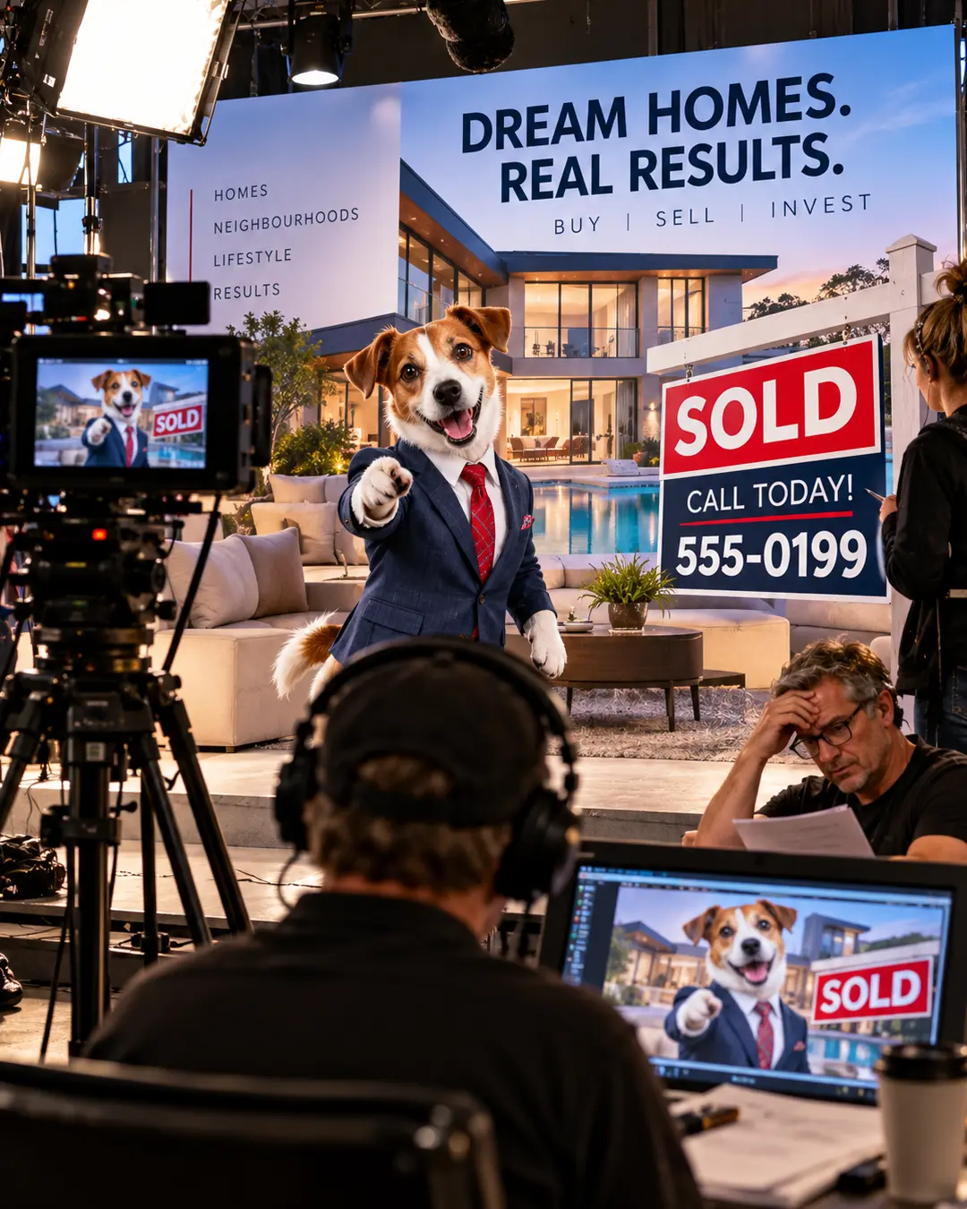 A Jack Russell Terrier in a suit films a real estate commercial on a studio set, surrounded by cameras, crew, luxury home imagery and SOLD signs.