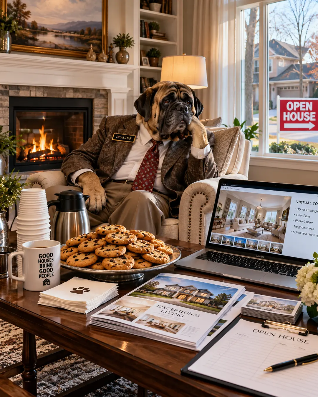 A tired Mastiff realtor sits alone at an open house, surrounded by cookies, coffee, property brochures and a laptop displaying a virtual home tour.