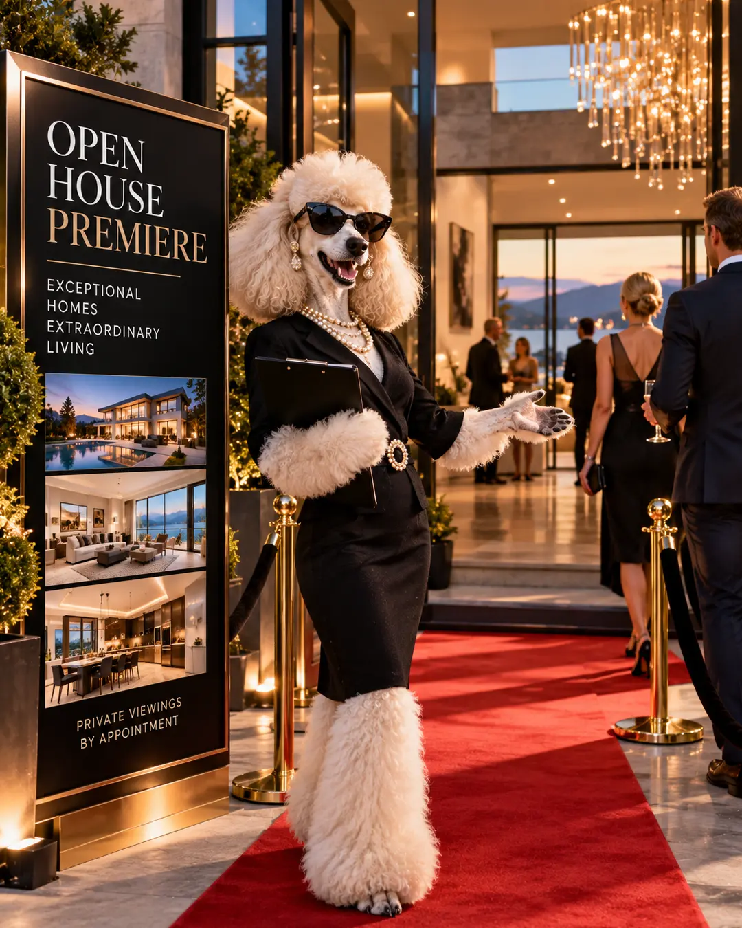An elegant white Poodle in a black suit, pearls and sunglasses welcomes guests along a red carpet to an exclusive luxury home open house.