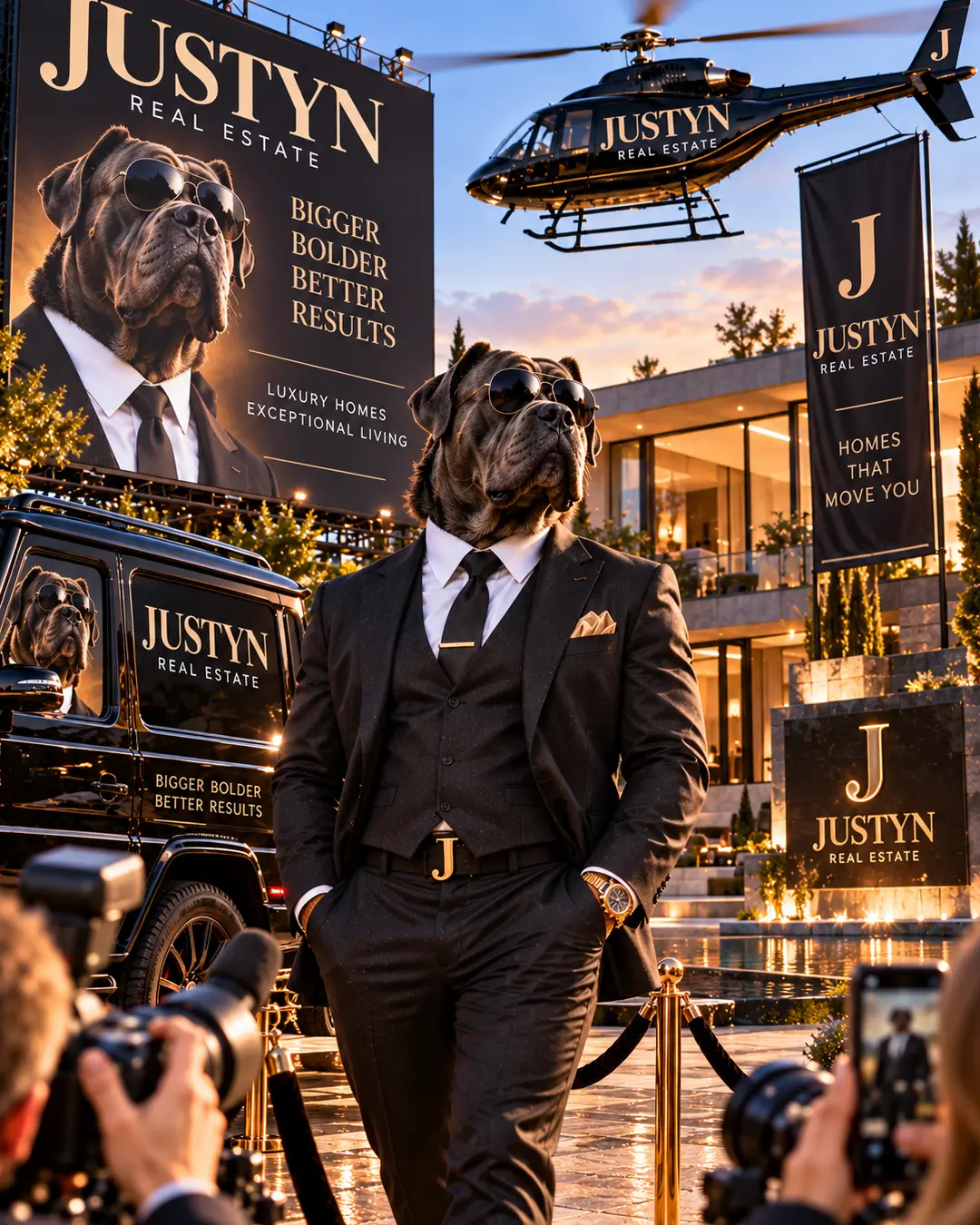 A powerful Mastiff realtor in a black suit poses outside a luxury mansion, surrounded by branded billboards, a helicopter, SUV and photographers.