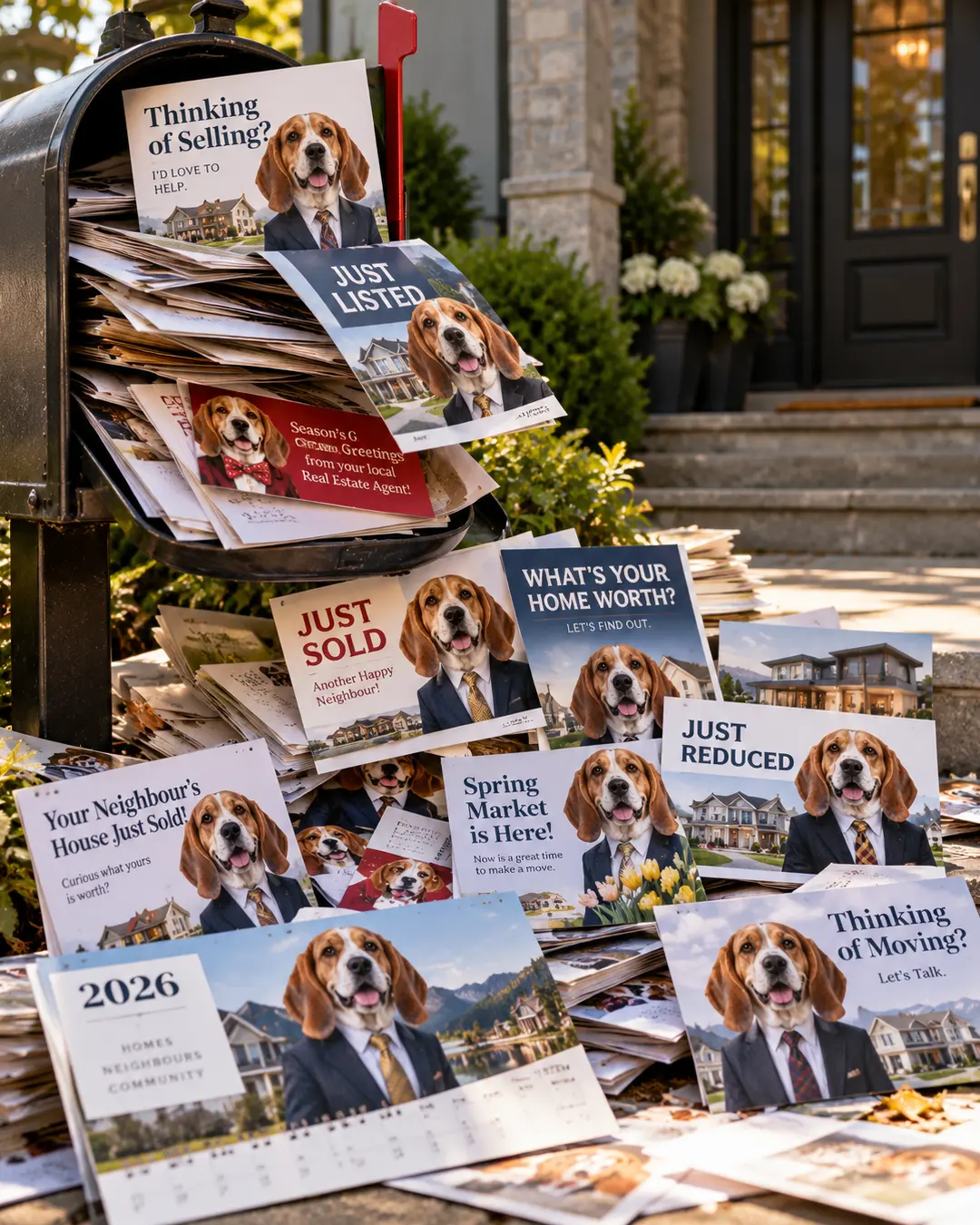 An overflowing mailbox spills real estate flyers featuring a Beagle agent, with “Just Listed,” “Just Sold,” and other promotions scattered outside a home.
