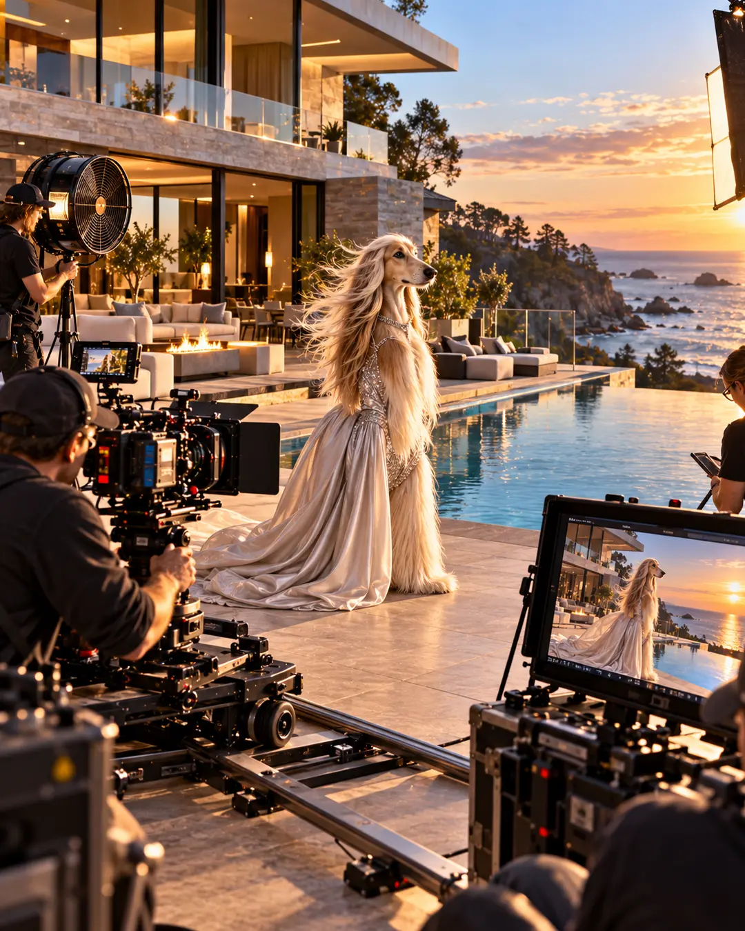 An elegant Afghan Hound in a flowing gown stars in a luxury real estate commercial, filmed beside an infinity pool overlooking the ocean at sunset.