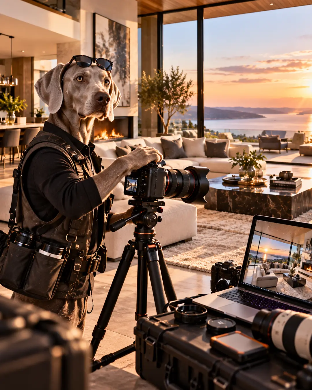 A Weimaraner photographer operates a professional camera inside a luxurious waterfront home, capturing its elegant interiors and sunset views.