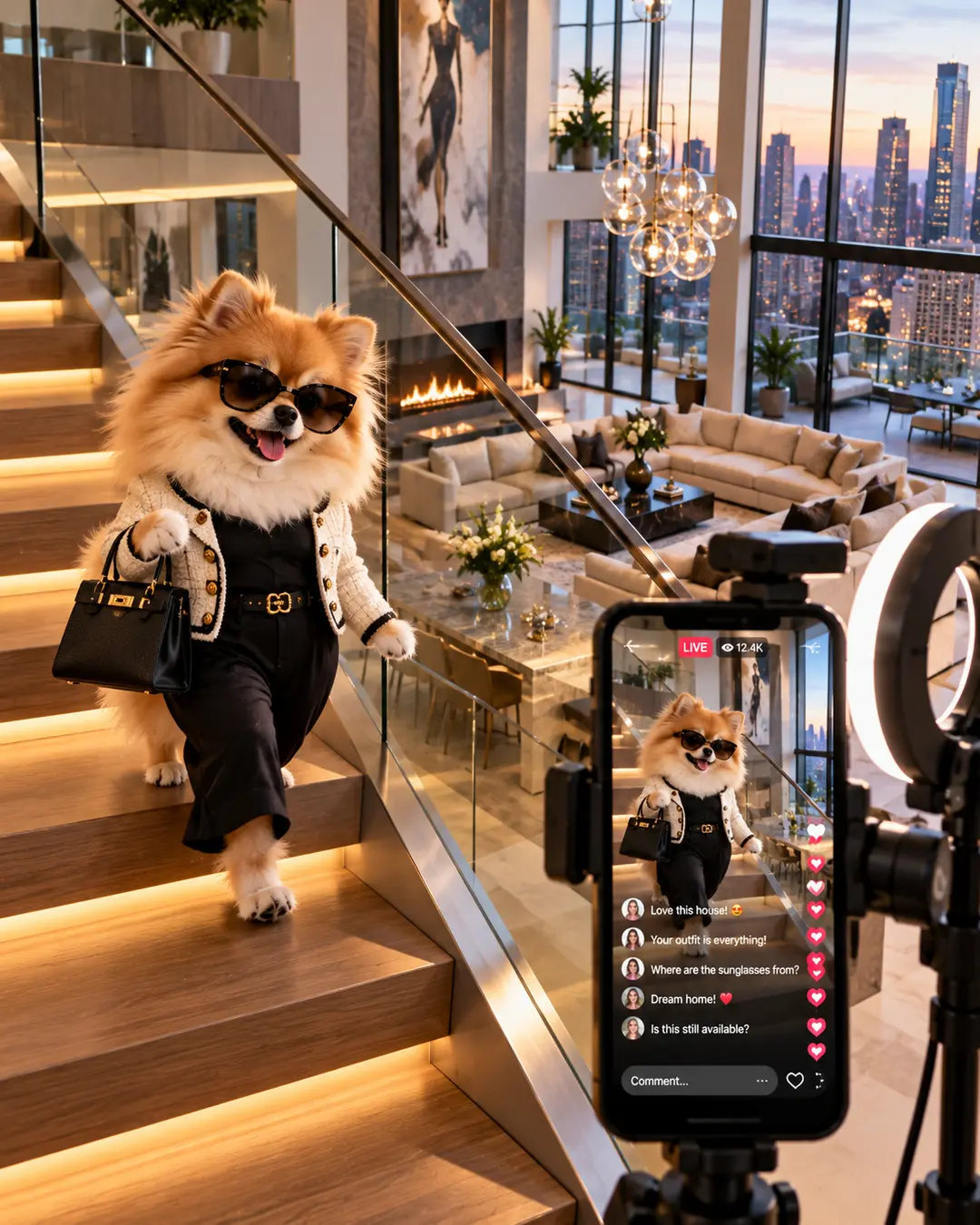 A fashionable Pomeranian in sunglasses and designer clothes livestreams a luxury penthouse tour, posing on a staircase before a camera and ring light.