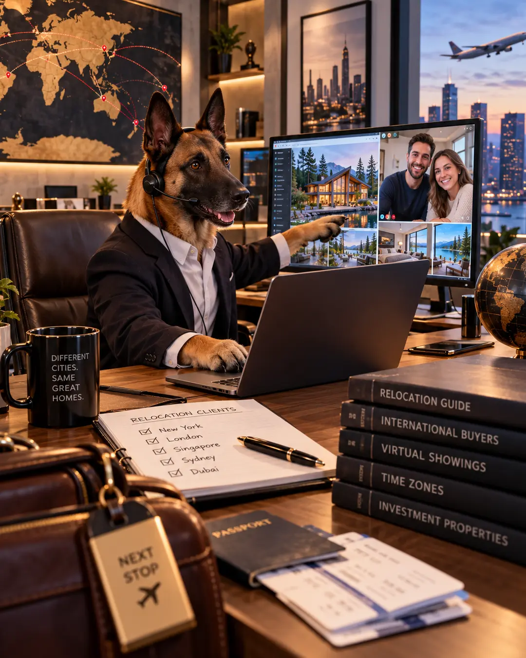 A German Shepherd relocation specialist conducts a virtual luxury home tour for international buyers, surrounded by travel guides and a global map.