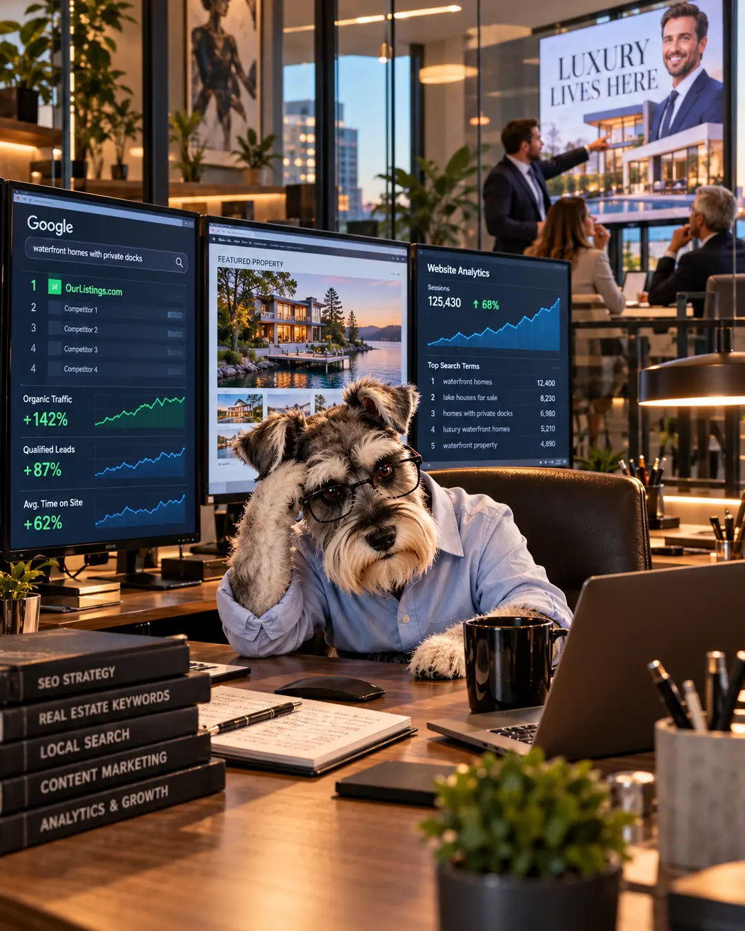 A frustrated Schnauzer SEO specialist studies real estate website rankings and rising traffic analytics while executives discuss luxury property marketing.