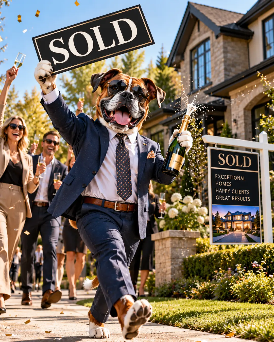 A jubilant Boxer realtor in a navy suit celebrates a home sale, holding a SOLD sign and spraying champagne as clients cheer outside a luxury house.